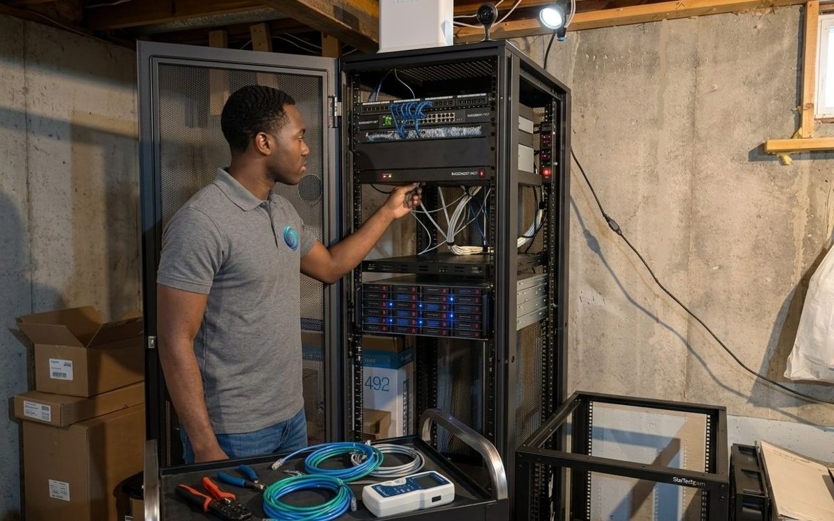 Engineer mounting network gateway equipment in a server rack